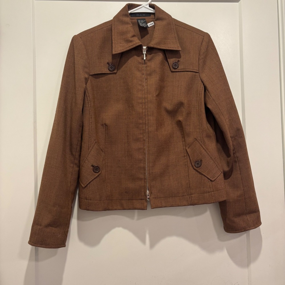 Mel & Lisa Brown Wool Blend Zip Up Jacket Brown Micro Pattern Size 4